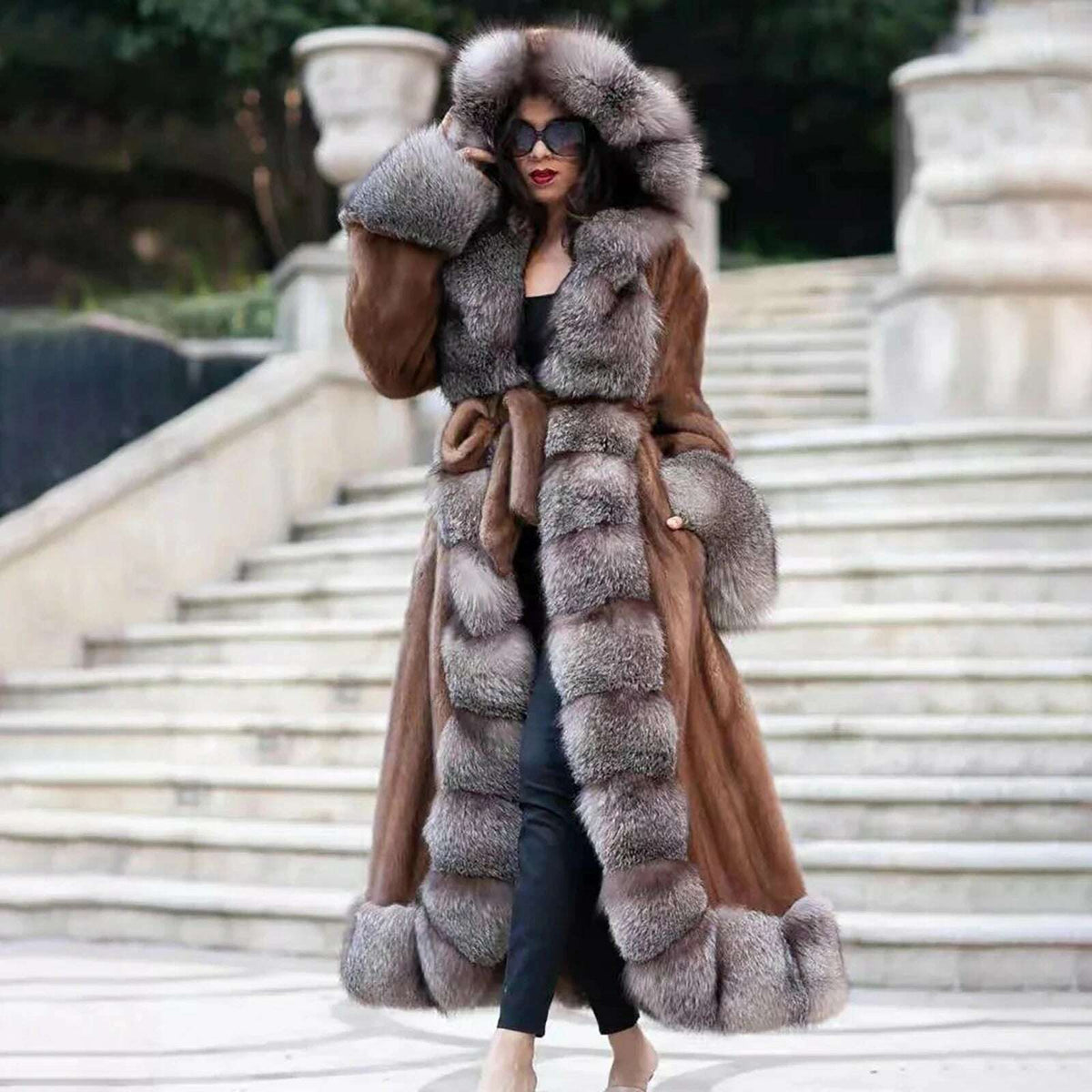 130cm Long Real Mink Fur Coat With Hood High Quality Genuine Mink Fur Crystal Fox Overcoat With Belt Trendy Fur Overcoats Woman