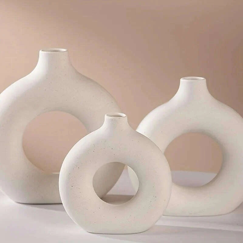 1pc, White/Beige Ceramic Vase Vases For Decor, Modern Home Decor Vase, Boho Vases For Decor, Circle Vase, Round Vase, Donut Vas