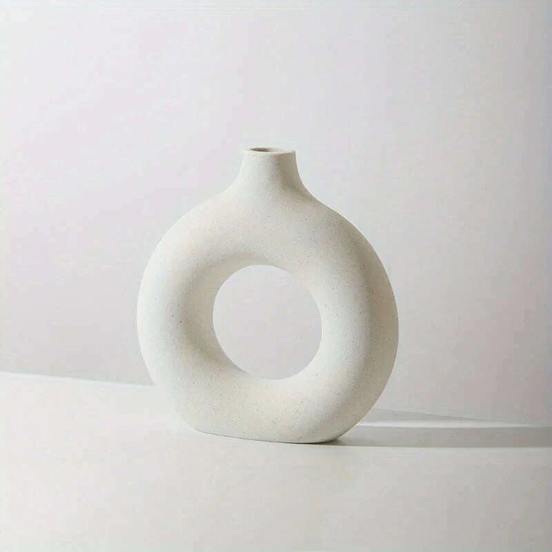 1pc, White/Beige Ceramic Vase Vases For Decor, Modern Home Decor Vase, Boho Vases For Decor, Circle Vase, Round Vase, Donut Vas