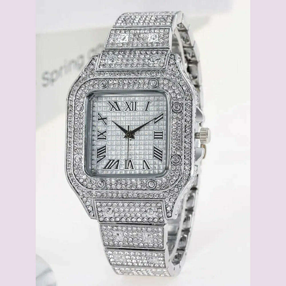 1pcs Fashion Business Calendar Men's Full Diamond Black Steel Band Quartz Watch