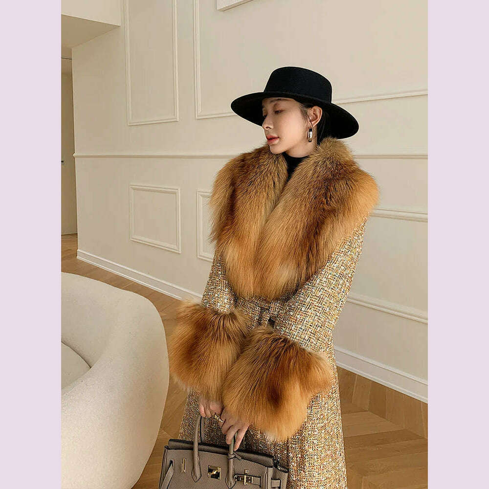 2022 Winter New Long Fur Coat Women's Fox Fur Large Fur Collar Tweed Coat