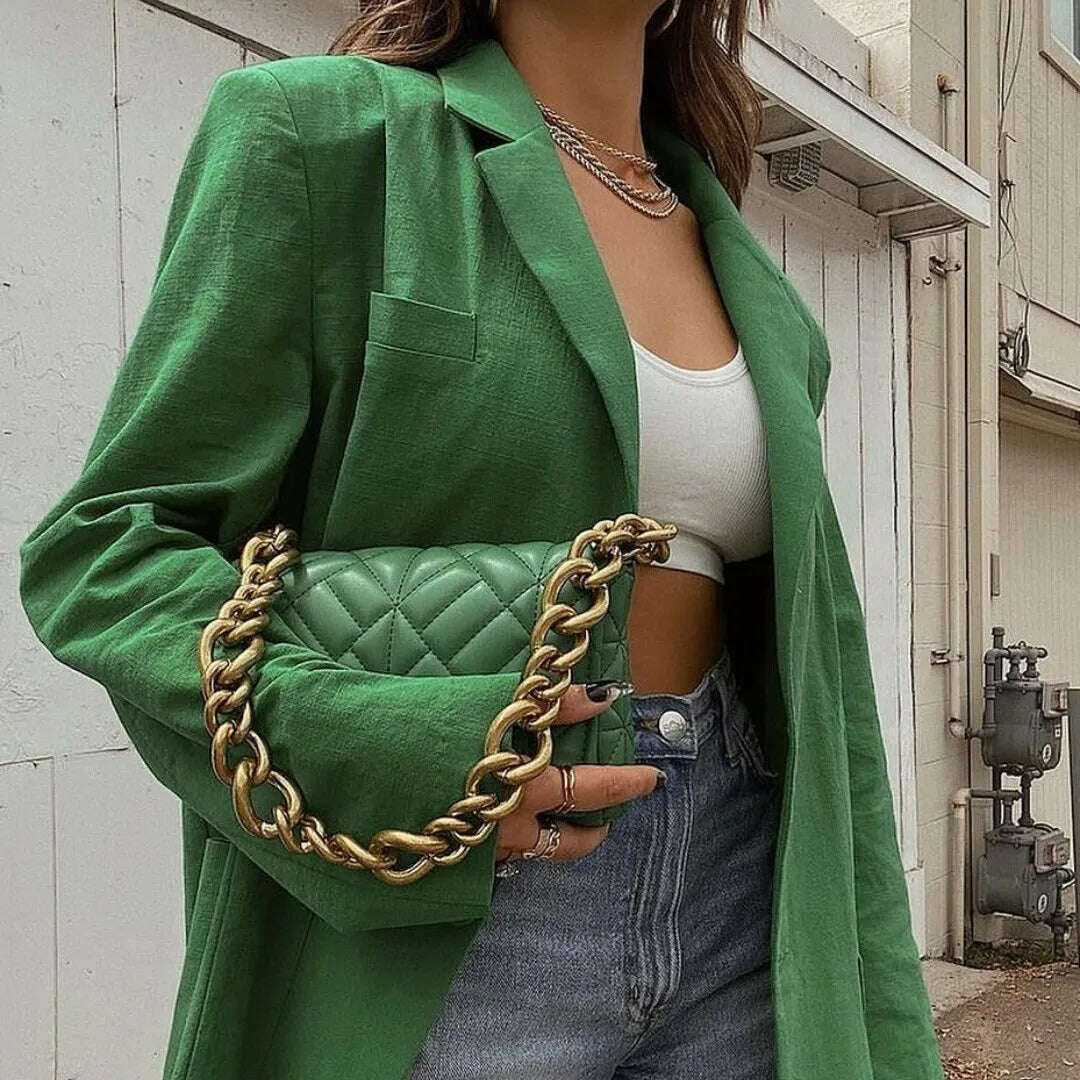 2023 Fashion Autumn Solid Shoulder Pads Blazer For Women Casual Long Sleeve Single-Breasted Loose Coat Tops Female Green Outwear