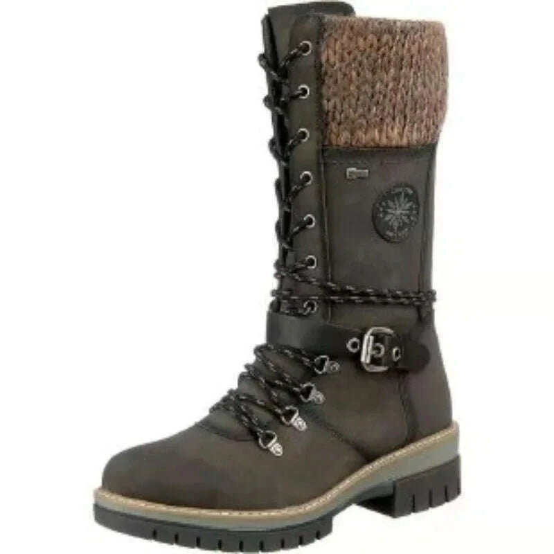 2023 Women Winter Buckle Lace Knitted Mid-calf Boots Low Heel Round Toe Boots Top Quality Winter Warm Boots Women Botas De Mujer