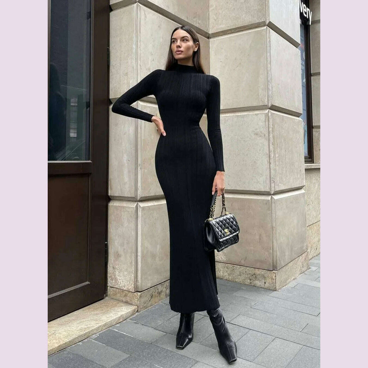 2024 Autumn Winter New Women Knitted Long Sleeved Sweater Dress Sexy High Neck Slim Fit Striped Fashionable Sweater Outwear