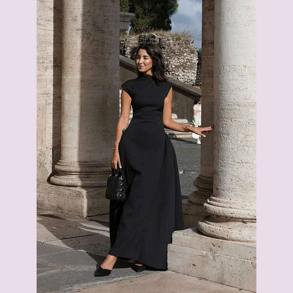2024 Chic Solid Slanted Collar Pleated A-line Maxi Dress Women's Elegant Sleeveless High Waist Slim Dresses Female Evening Robes