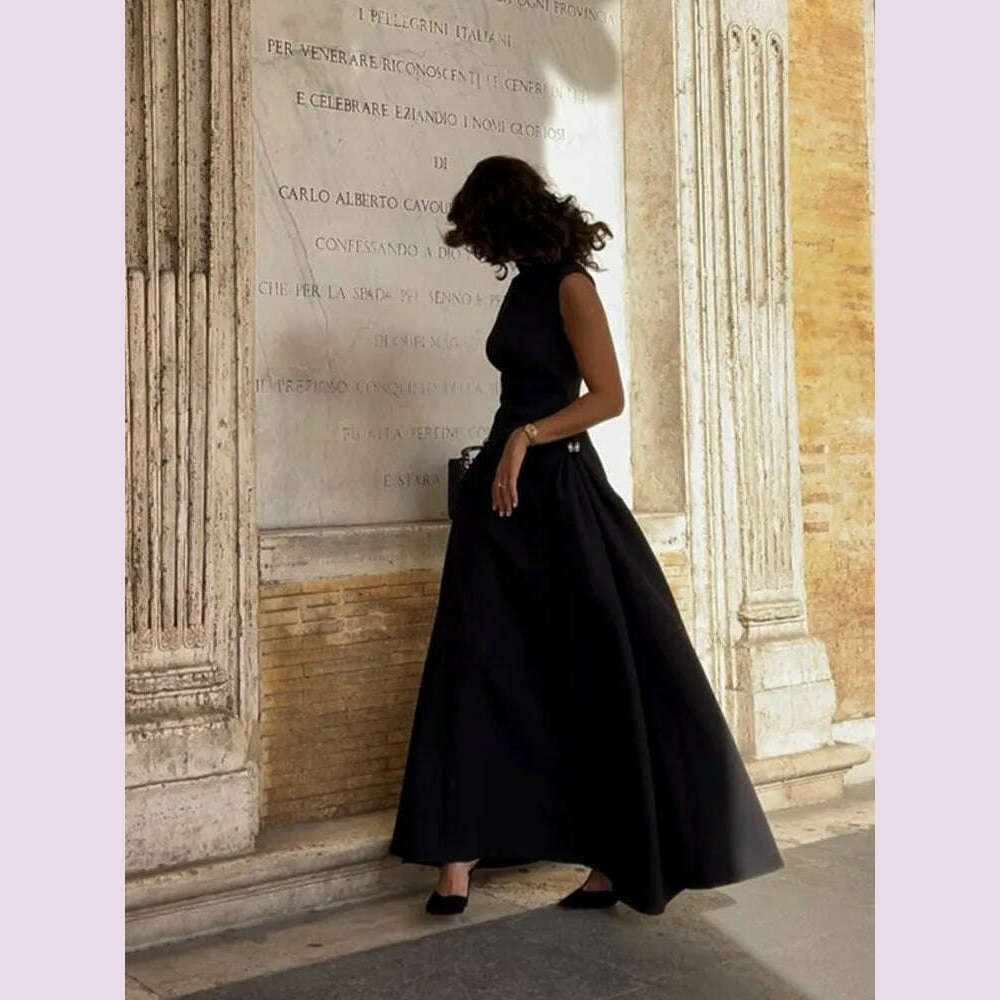 2024 Chic Solid Slanted Collar Pleated A-line Maxi Dress Women's Elegant Sleeveless High Waist Slim Dresses Female Evening Robes