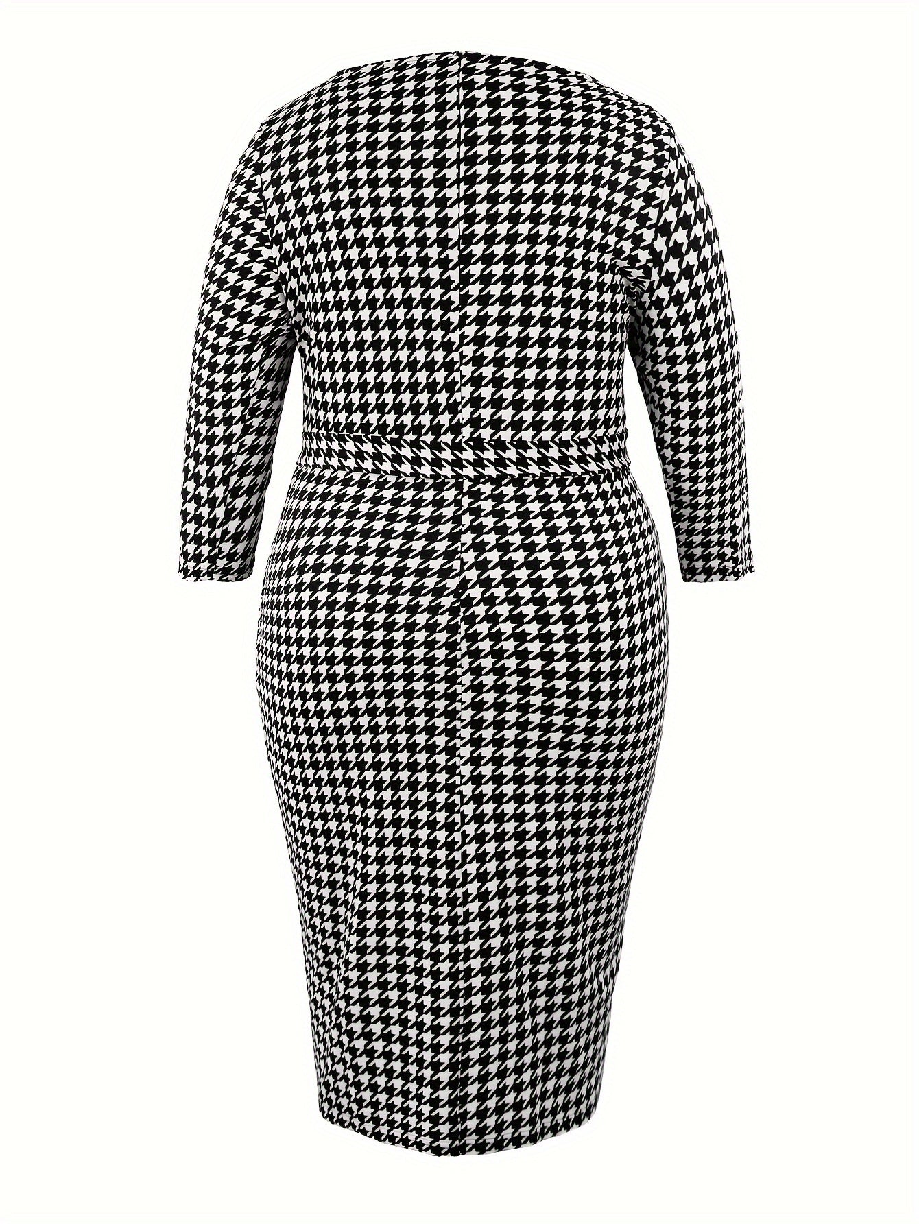 Plus Size Houndstooth Glamour Dress - Flattering 3/4 Sleeves, Bodycon Fit with Belted Waist - Perfect for Spring & Fall - Curvy Womens Fashion Essential