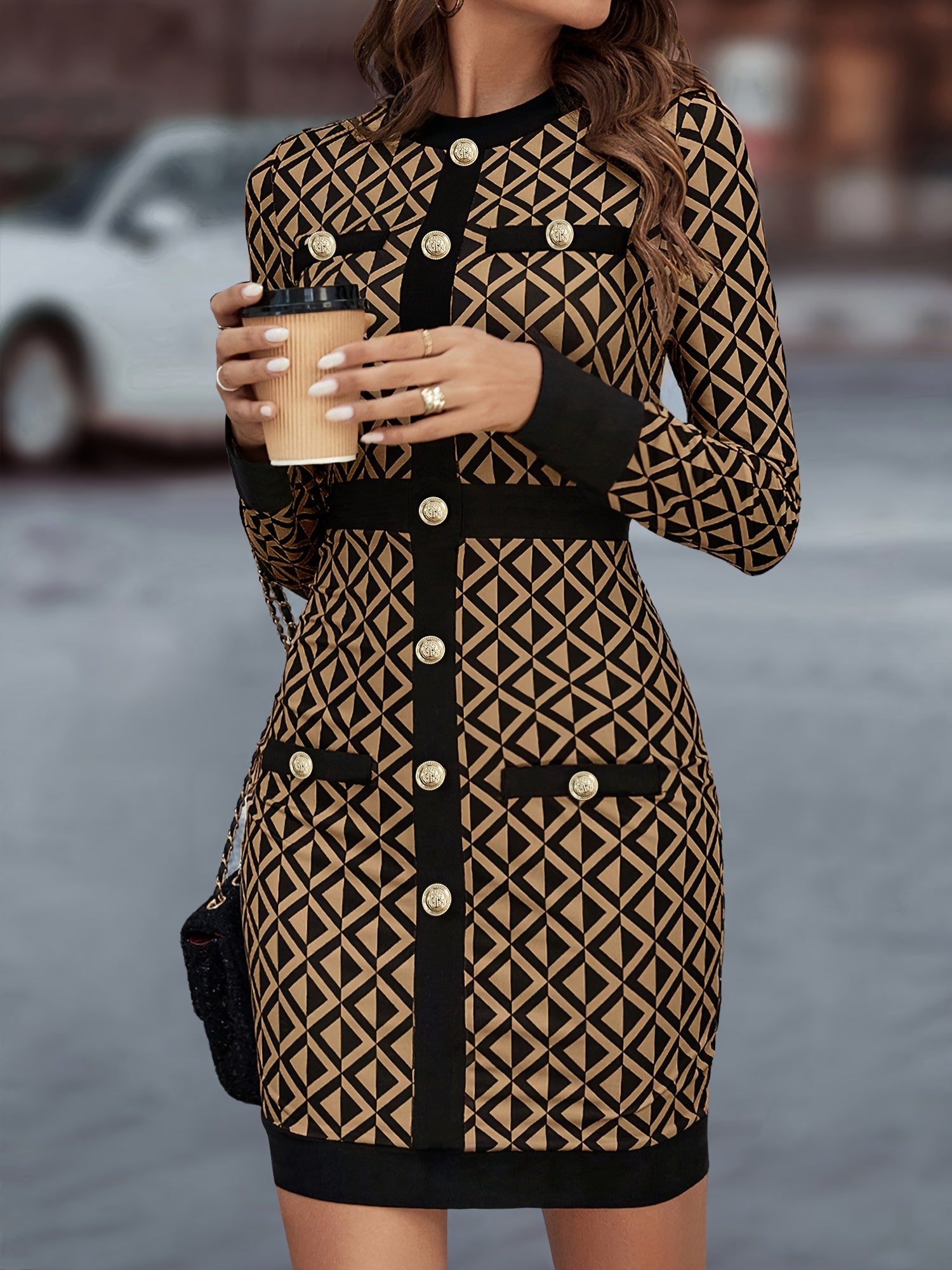 Elegant Geometric Print Bodycon Dress with Contrast Trim and Decorative Goldtone Buttons - Polyester Blend Crew Neck Long Sleeve Midi for Adult - Fall/Winter Collection