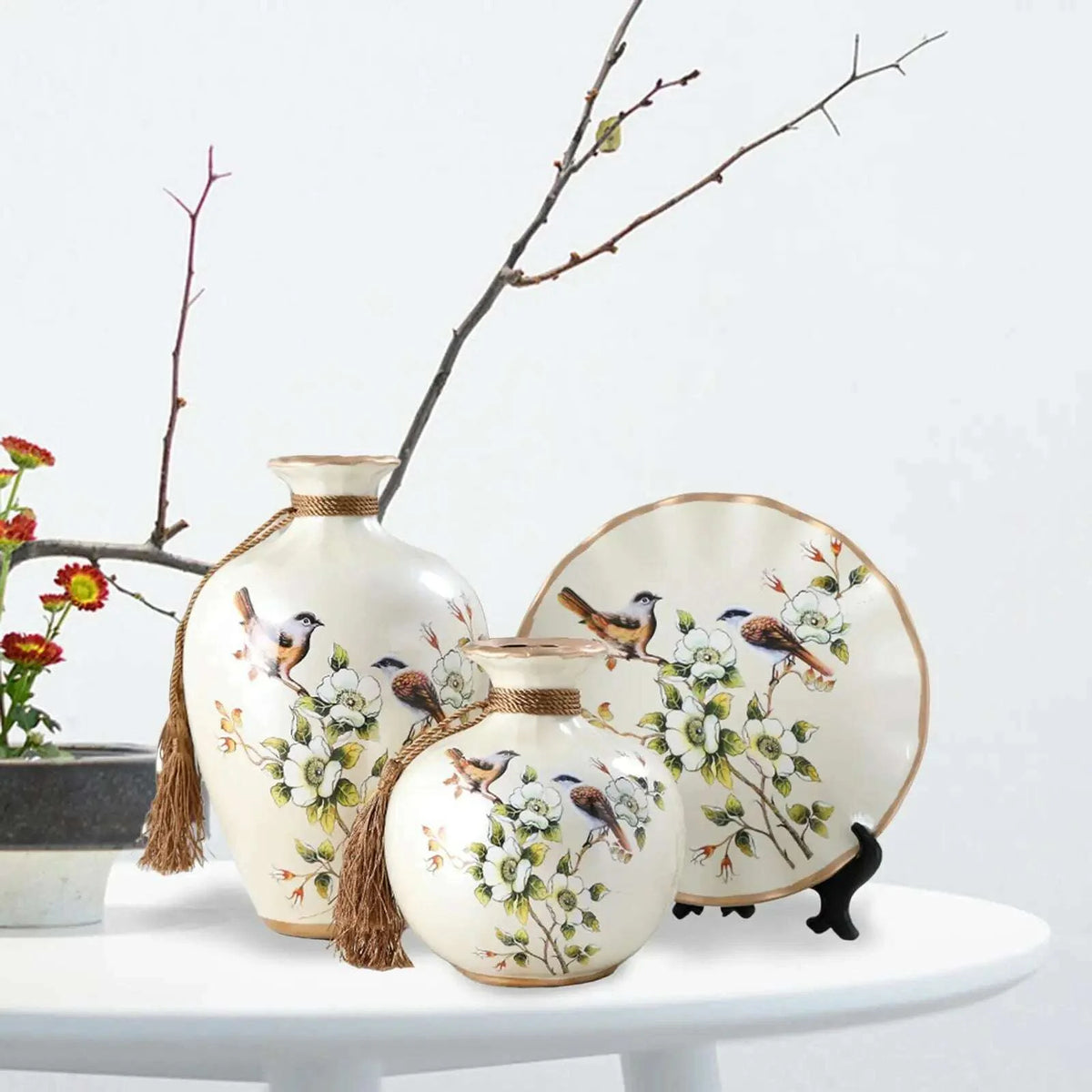3x Chinese Style Ceramic Vases Bird Pattern Porcelain Vase for Farmhouse
