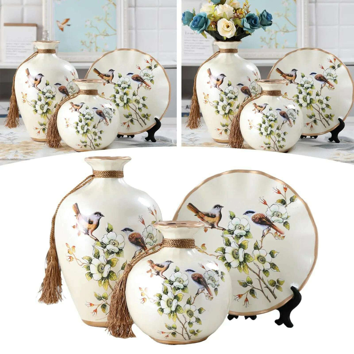 3x Chinese Style Ceramic Vases Bird Pattern Porcelain Vase for Farmhouse