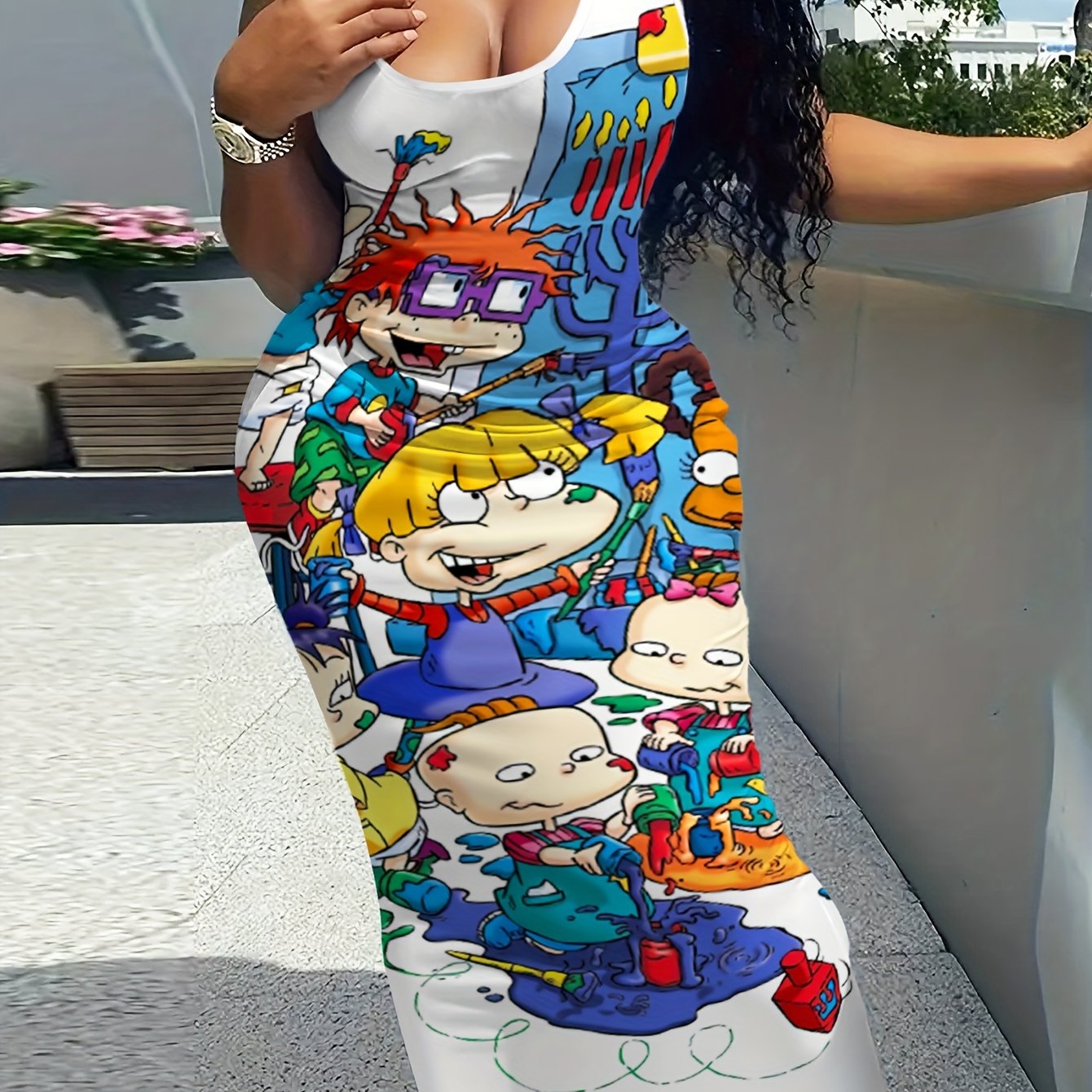 Cartoon Character Print Tank Dress, Casual Crew Neck Sleeveless Bodycon Dress, Women's Clothing