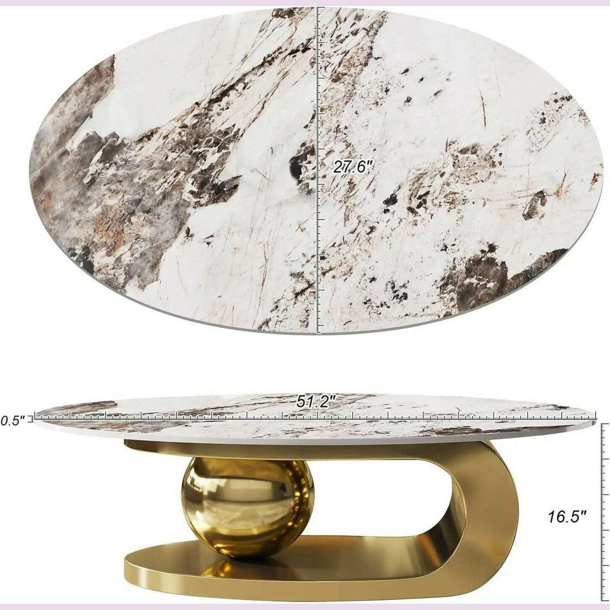 51" Lx28 Wx16.5 H.Modern Oval Stone Coffee Table with Abstract Gold Metal Base - Perfect Centerpiece for Stylish Living Rooms