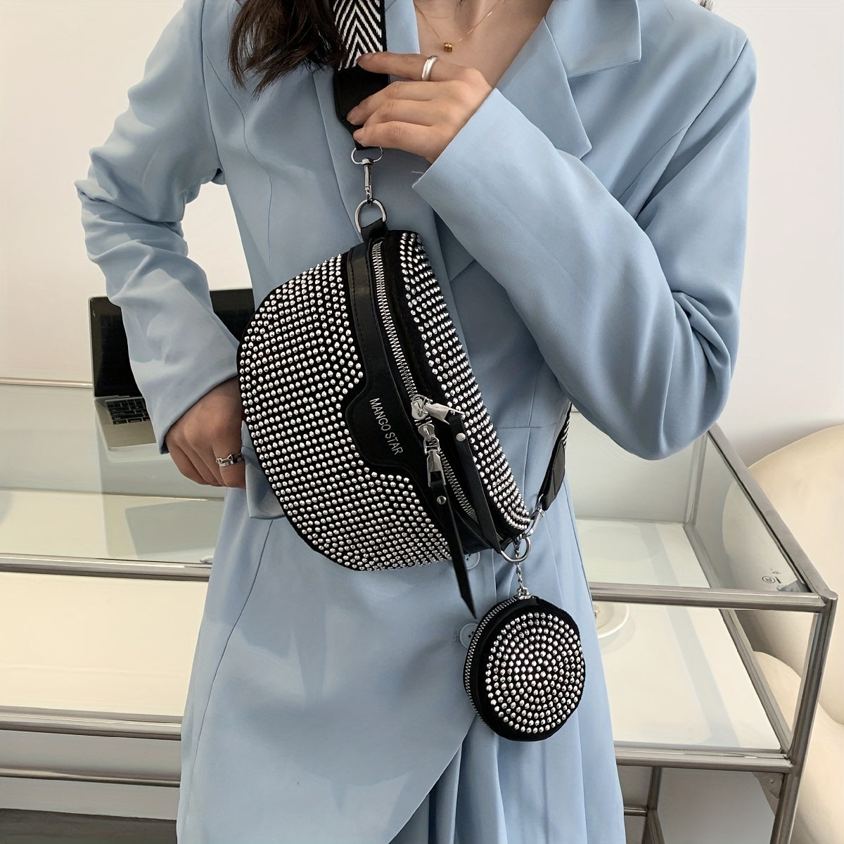 Rhinestone Waist Bag With Coin Purse, Fashion Crossbody Bag, Women's Glitter Chest Bag for Carnaval Music Festival