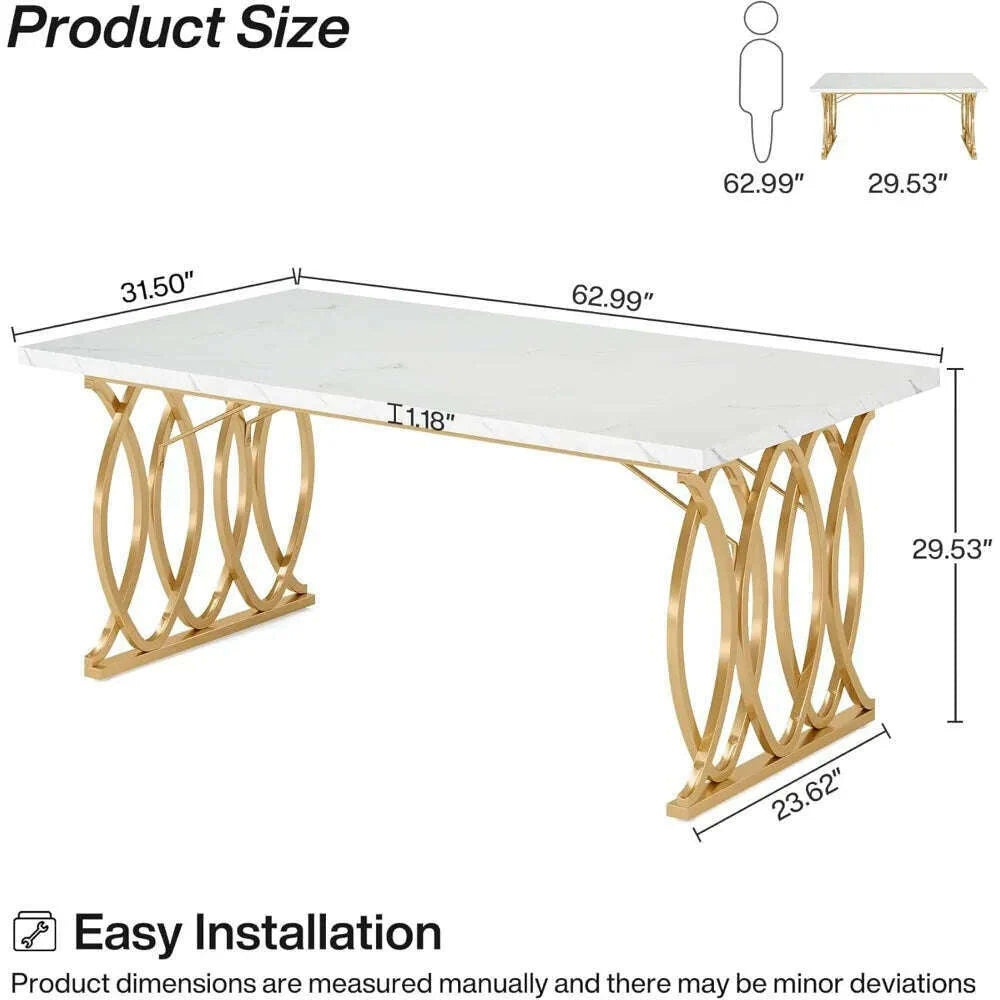 63-inch kitchen table seating 4-6 people, rectangular dining table, faux marble top and geometric legs