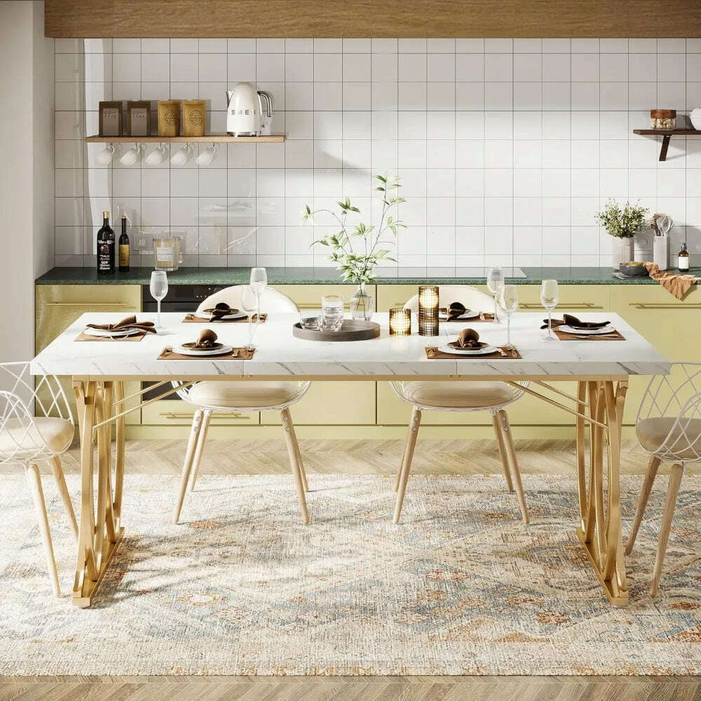63-inch kitchen table seating 4-6 people, rectangular dining table, faux marble top and geometric legs