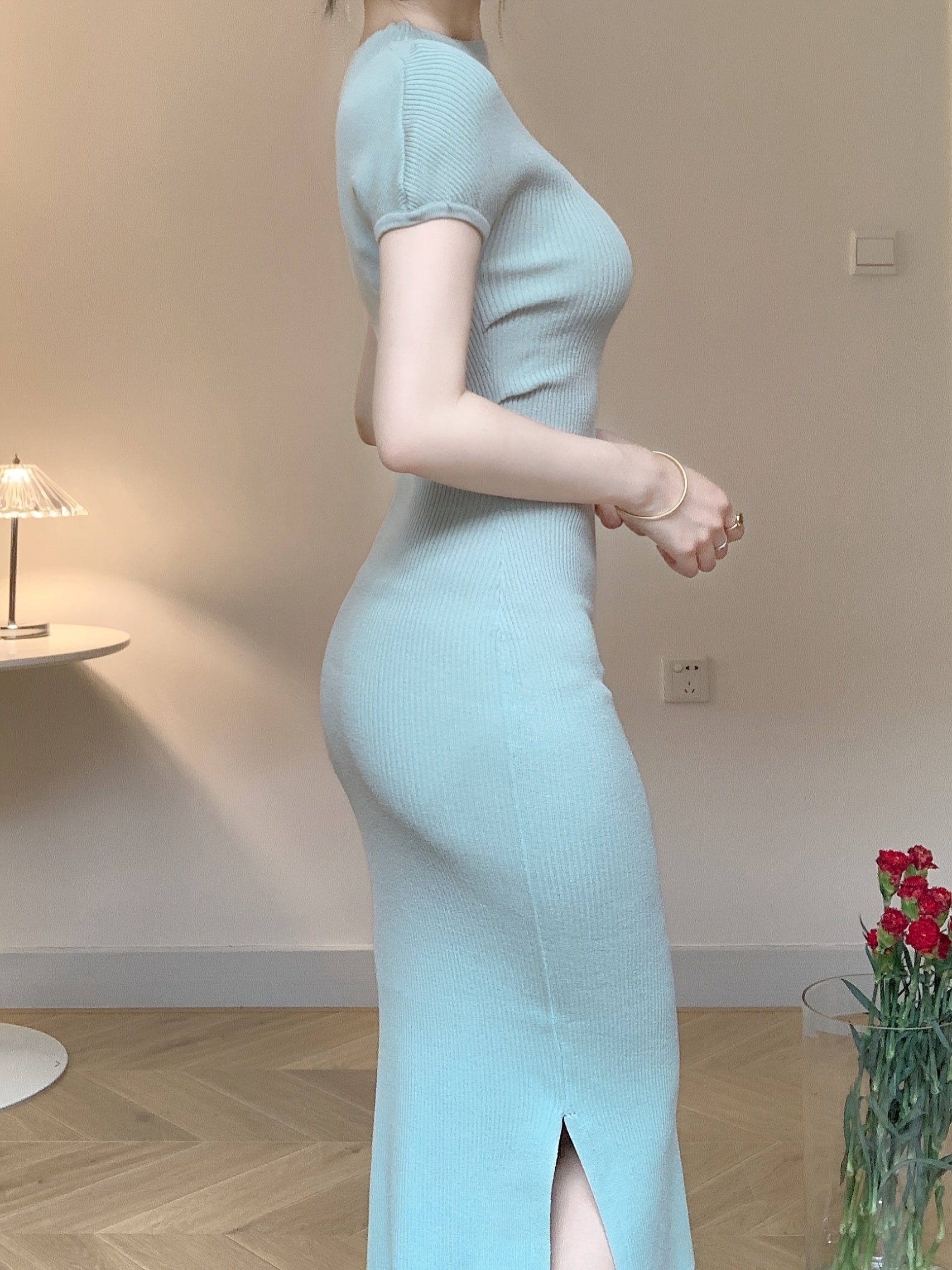 Solid Split Knitted Bodycon Dress, Sexy Short Sleeve Midi Bodycon Dress For Spring & Summer, Women's Clothing