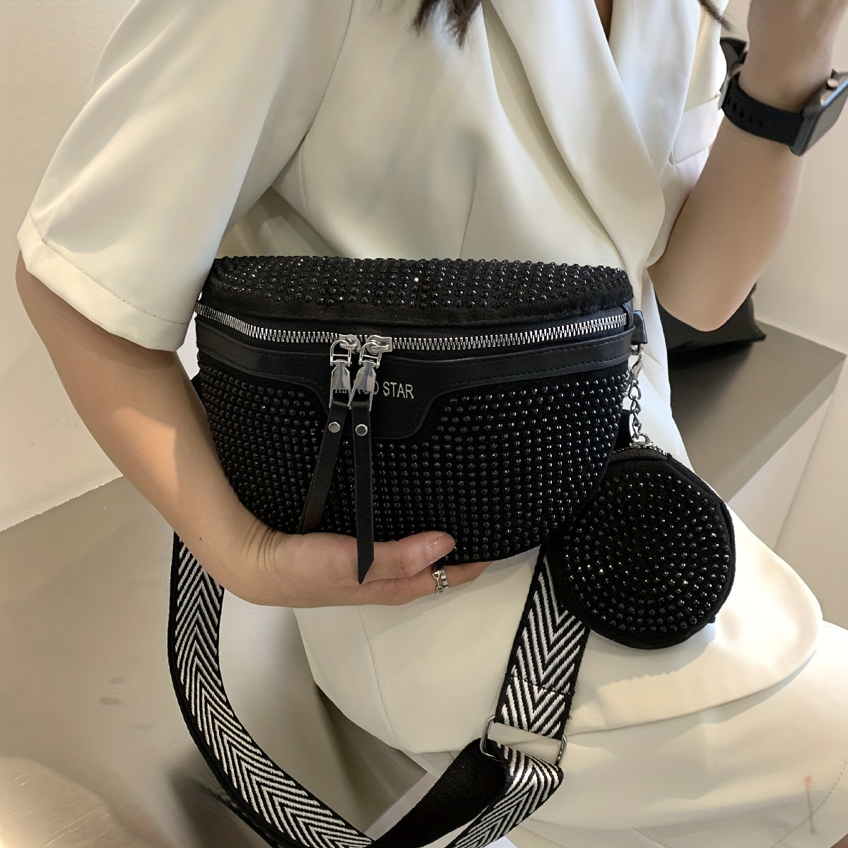 Rhinestone Waist Bag With Coin Purse, Fashion Crossbody Bag, Women's Glitter Chest Bag for Carnaval Music Festival