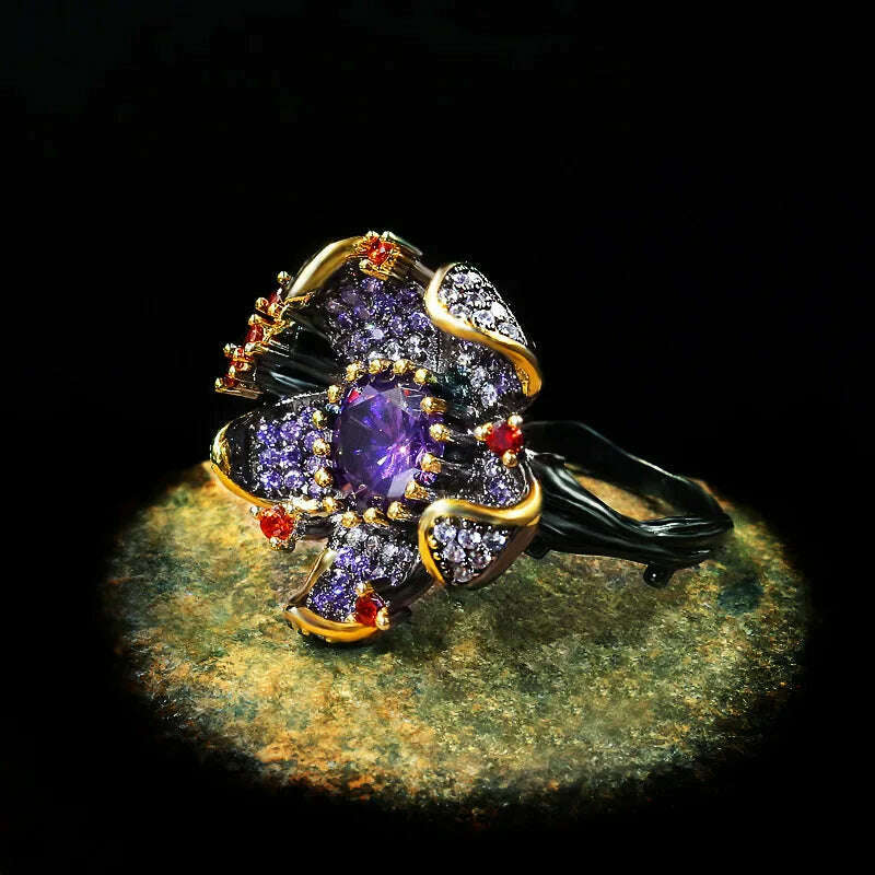 925 Stamp New Unique Purple Diamond Flower-Shaped Black Gold Ring Zircon Shiny Jewelry Elegant Party Women's