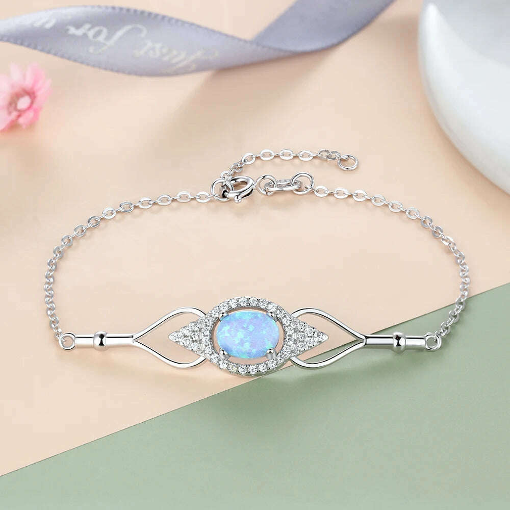925 Sterling Silver Jewelry Sets for Women Cubic Zirconia Blue Opal Bracelet Earrings Chain Necklace Jewelry Sets (Lam Hub Fong)