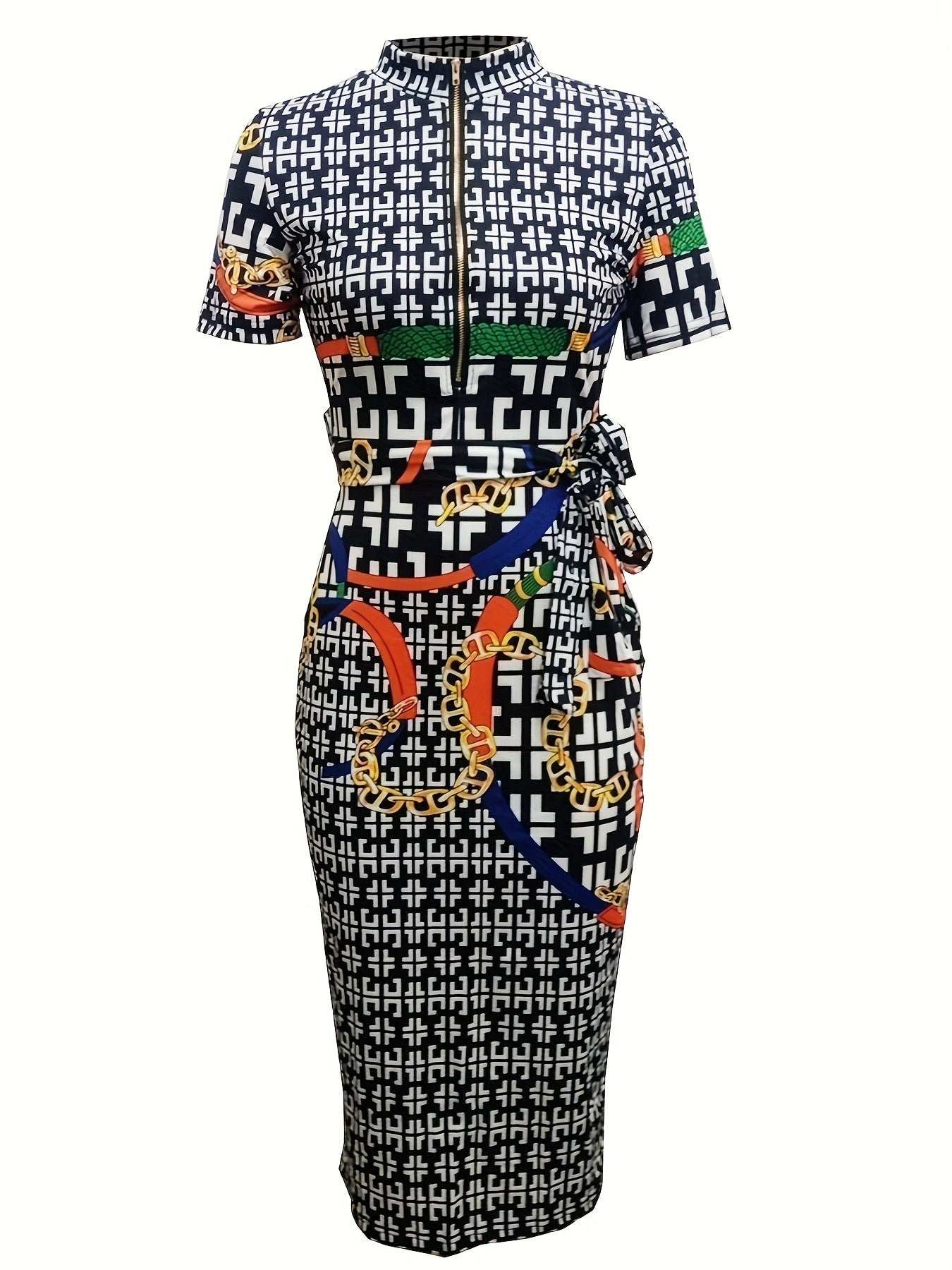Vibrant Geo Print Zipper Belted Bodycon Dress - Short Sleeve, Casual, Spring & Summer Essential, Women's Fashion Clothing for Everyday Wear