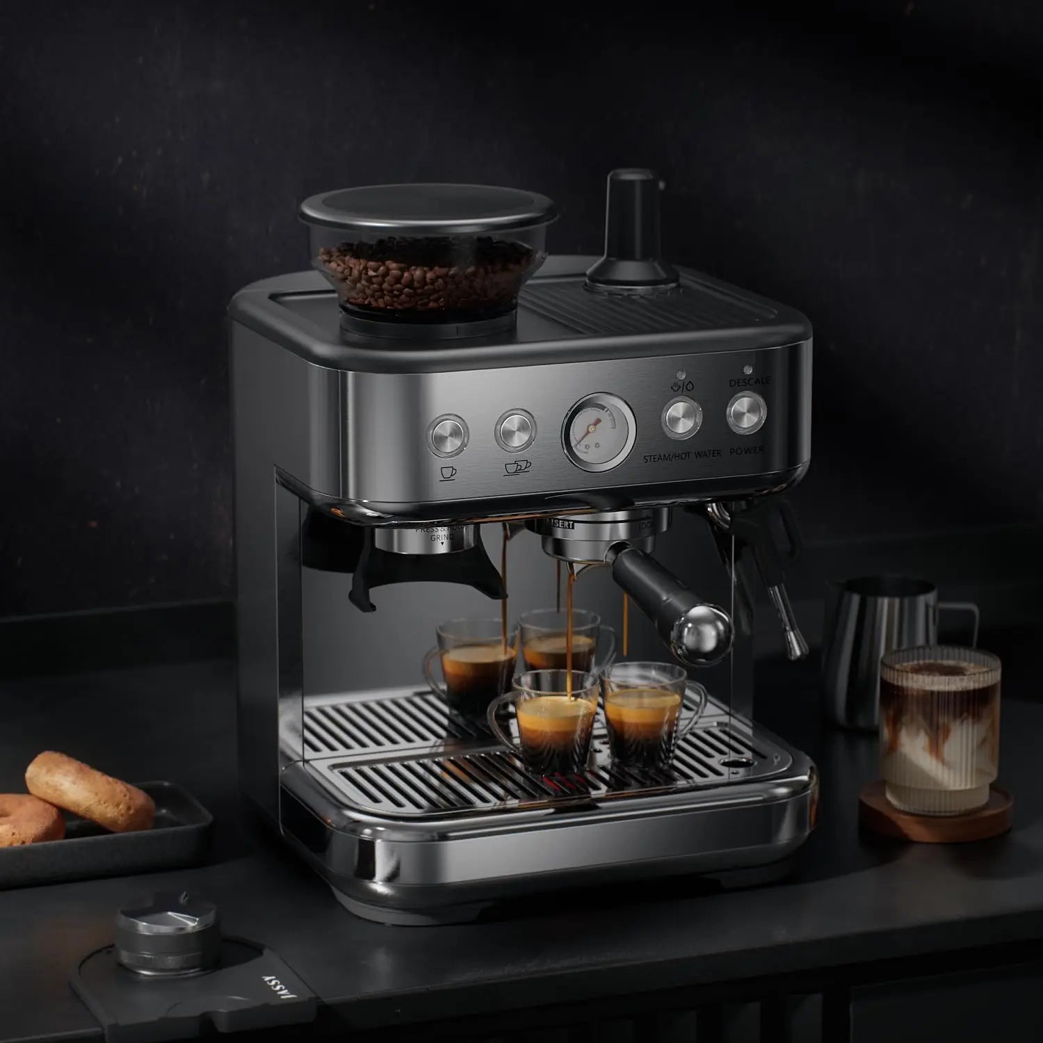 Towallmark espresso machine with grinder, 15 bar, PID control, 250g bean hopper, 360° steam wand, 2.3 L water tank,...