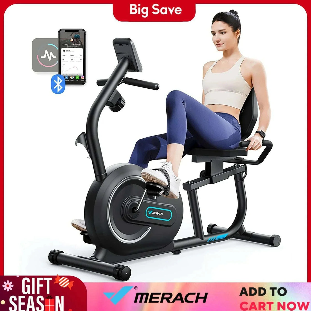 MERACH Recumbent Exercise Bike for Home with Smart Bluetooth Exclusive App Connectivity Heart Rate Handle Magnetic Bikes S08