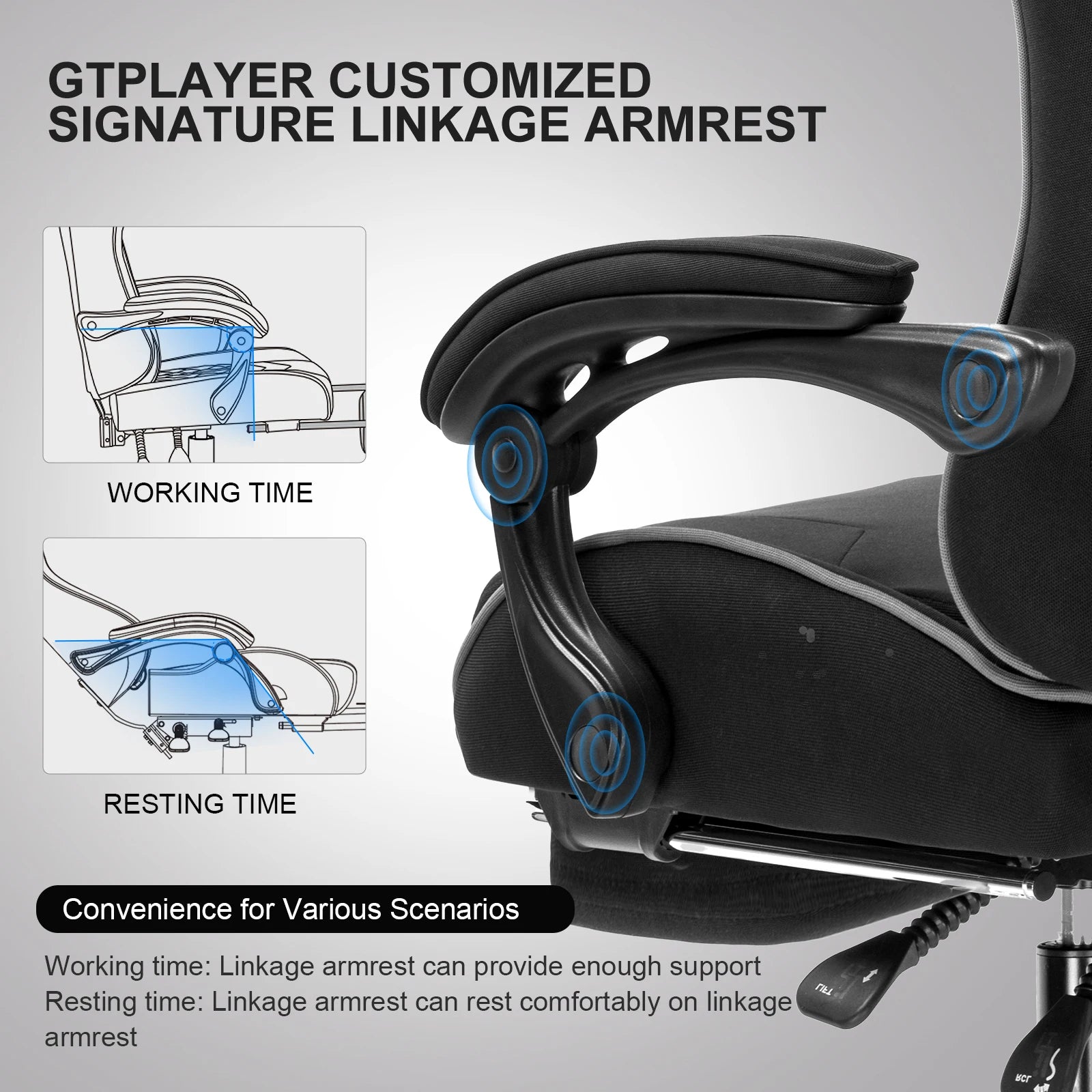 GTPLAYER Gaming Chair with Footrest, Lumbar Support, Adjustable Height, Swivel, Headrest for Office/Gaming | Kimlud...