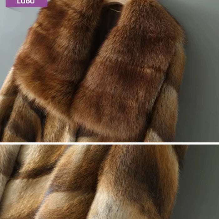 Women's Woven Muskrat Mink Coat with Square Collar Raw Processing