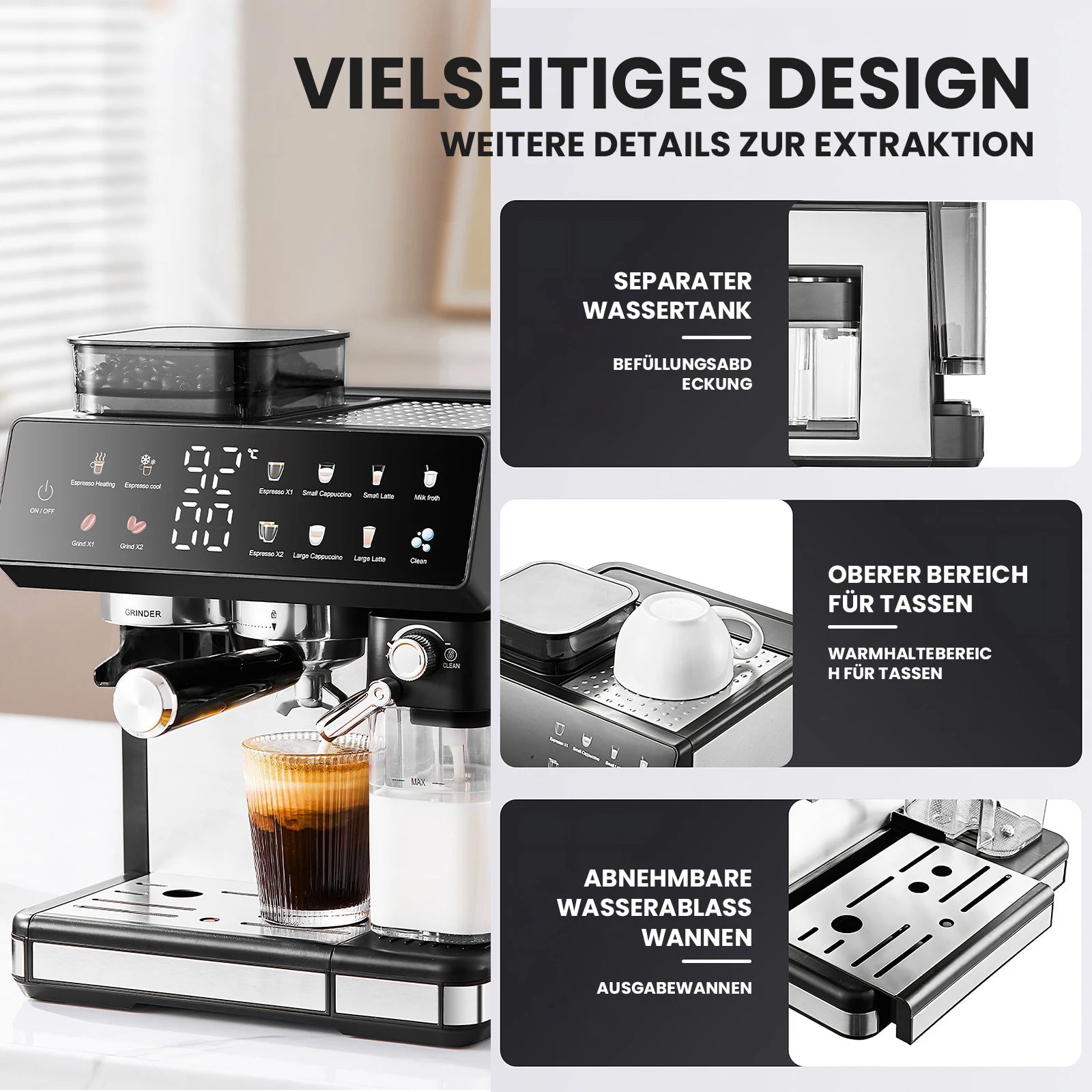 1350W coffee fully automatic, with dual boiler and milk frother, 2.7L water tank, touch screen, Bean and powder coffee |...
