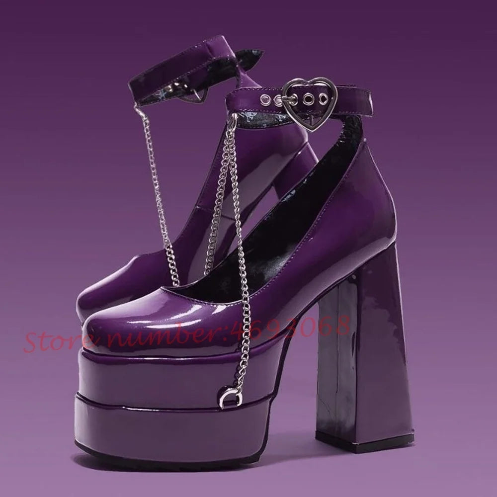 Heart Buckle Platform Chunky Heels Sandals Women Metal Chain Lovely Round Toe Girl's Shoes Luxury Party Summer Dress Sandals - Kimlud