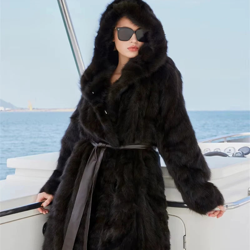 Noble Women's Black Sable Mink Fur Coat with Hood Woven Design