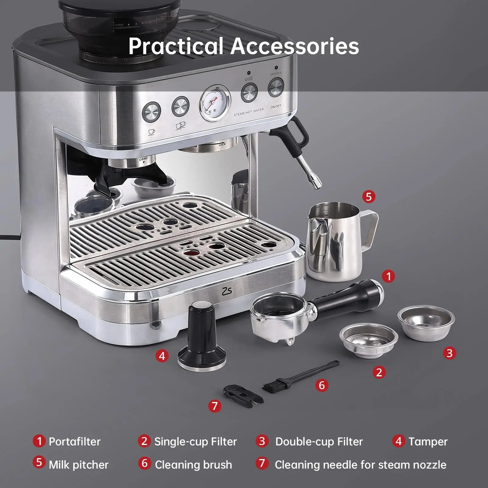 Towallmark espresso machine with grinder, 15 bar, PID control, 250g bean hopper, 360° steam wand, 2.3 L water tank,...