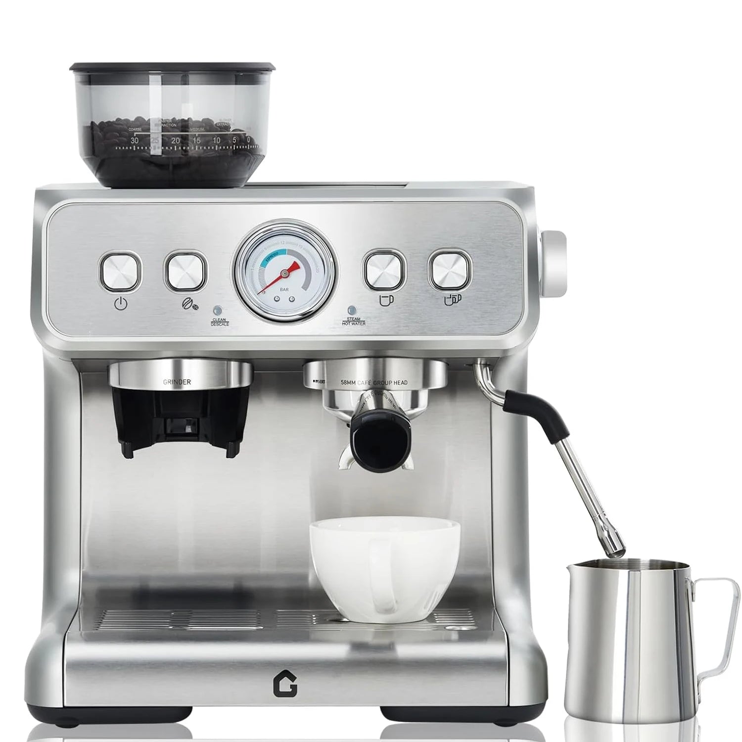 Coffee machine with conical burr grinder – 20 Bar pressure, 30 grind settings, 2.8L water tank, steam wand for milk...