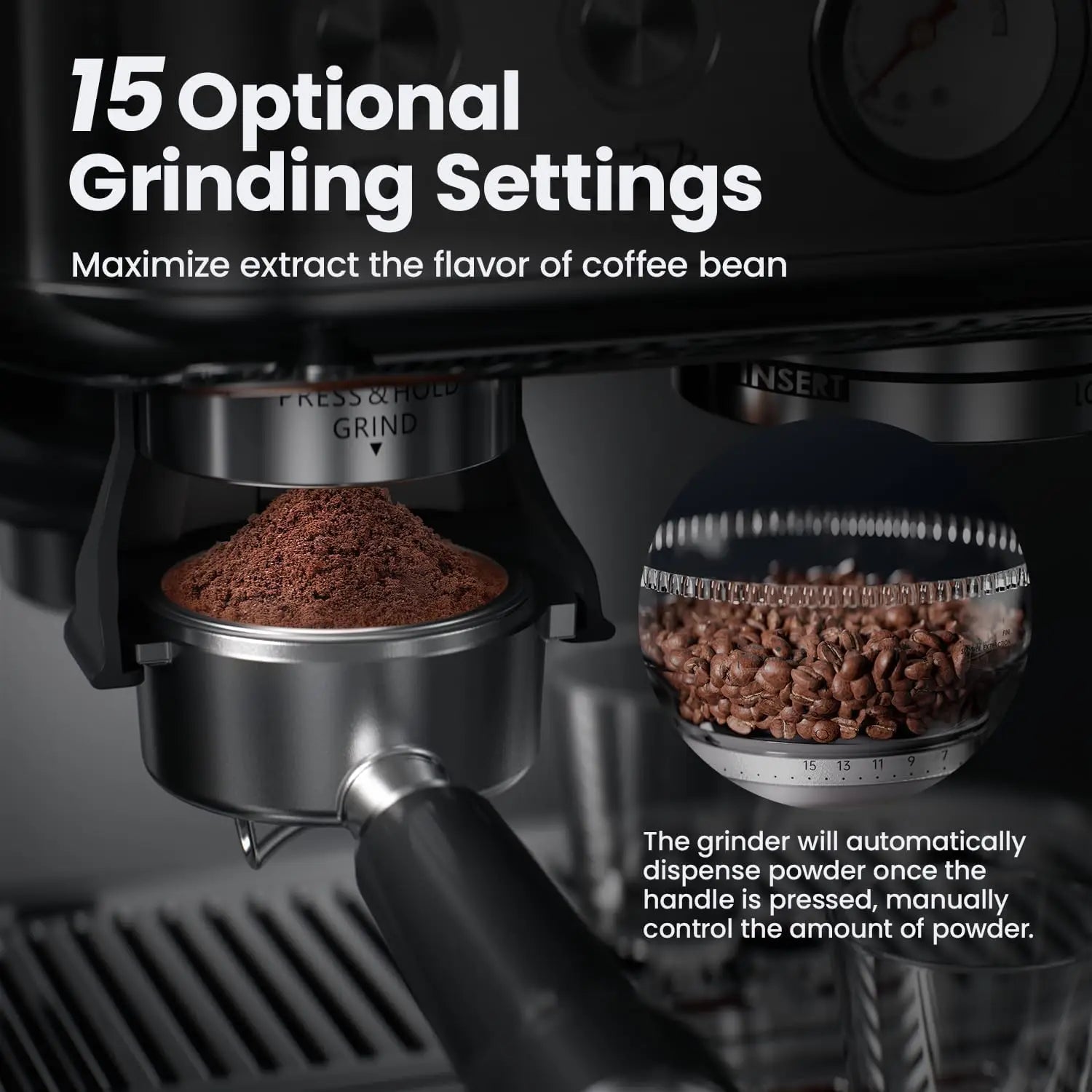 Towallmark espresso machine with grinder, 15 bar, PID control, 250g bean hopper, 360° steam wand, 2.3 L water tank,...