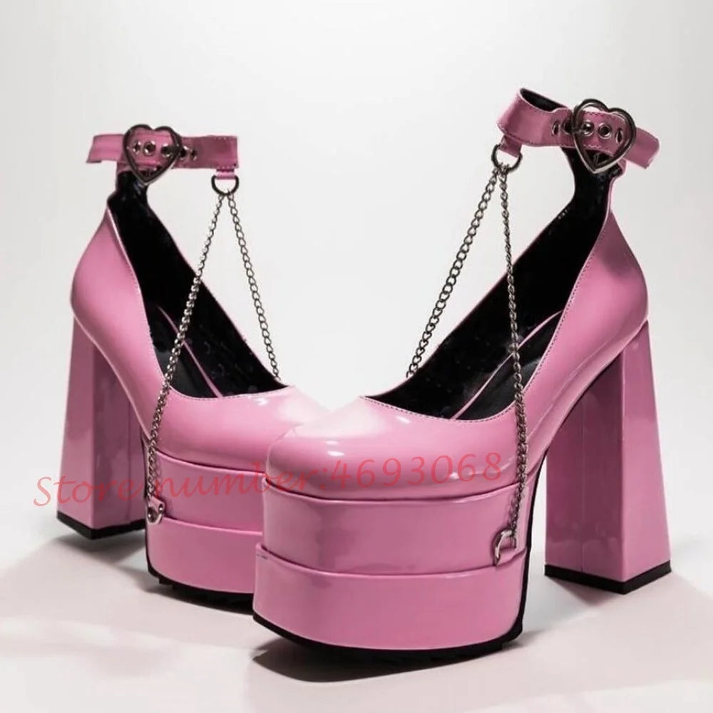 Heart Buckle Platform Chunky Heels Sandals Women Metal Chain Lovely Round Toe Girl's Shoes Luxury Party Summer Dress Sandals - Kimlud
