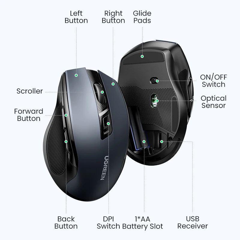 UGREEN Wireless Mouse Bluetooth5.0 Mouse Ergonomic 4000DPI 6 Mute Buttons Mouse For MacBook Tablet Laptops Computer PC 2.4G Mice - Kimlud