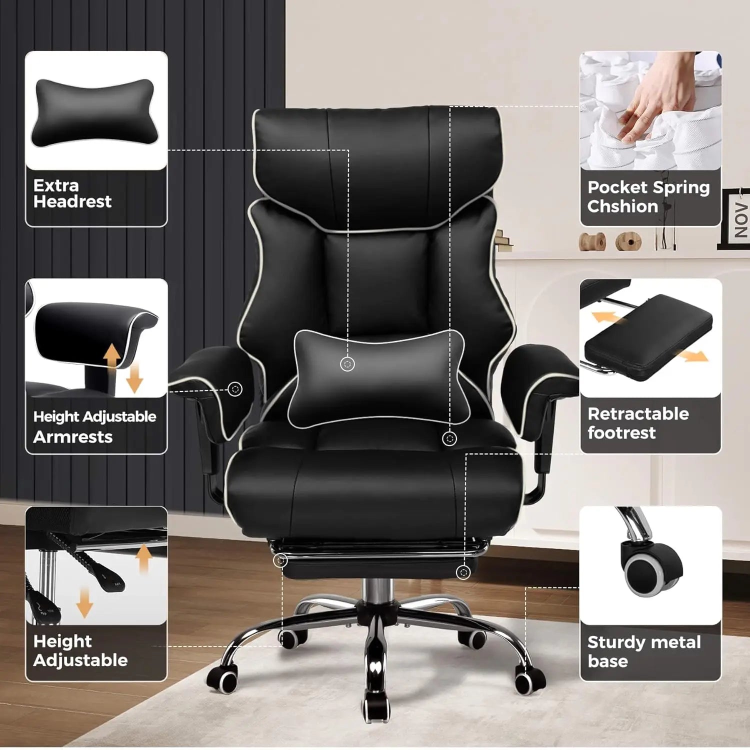 COMHOMA Big and Tall Office Chair 400lbs High Back Leather Executive Chair with Ergonomic Lumbar Support & Pocket Spring...
