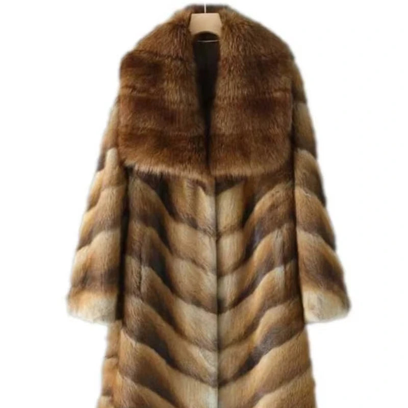 Women's Woven Muskrat Mink Coat with Square Collar Raw Processing