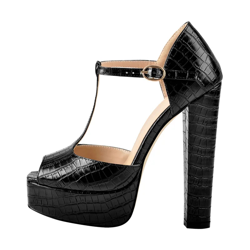 Onlymaker Women Sandals Ankle Strap Peep Toe Platform Black Chuncky High Heels Squre Toe Party Dress Casual Sandals