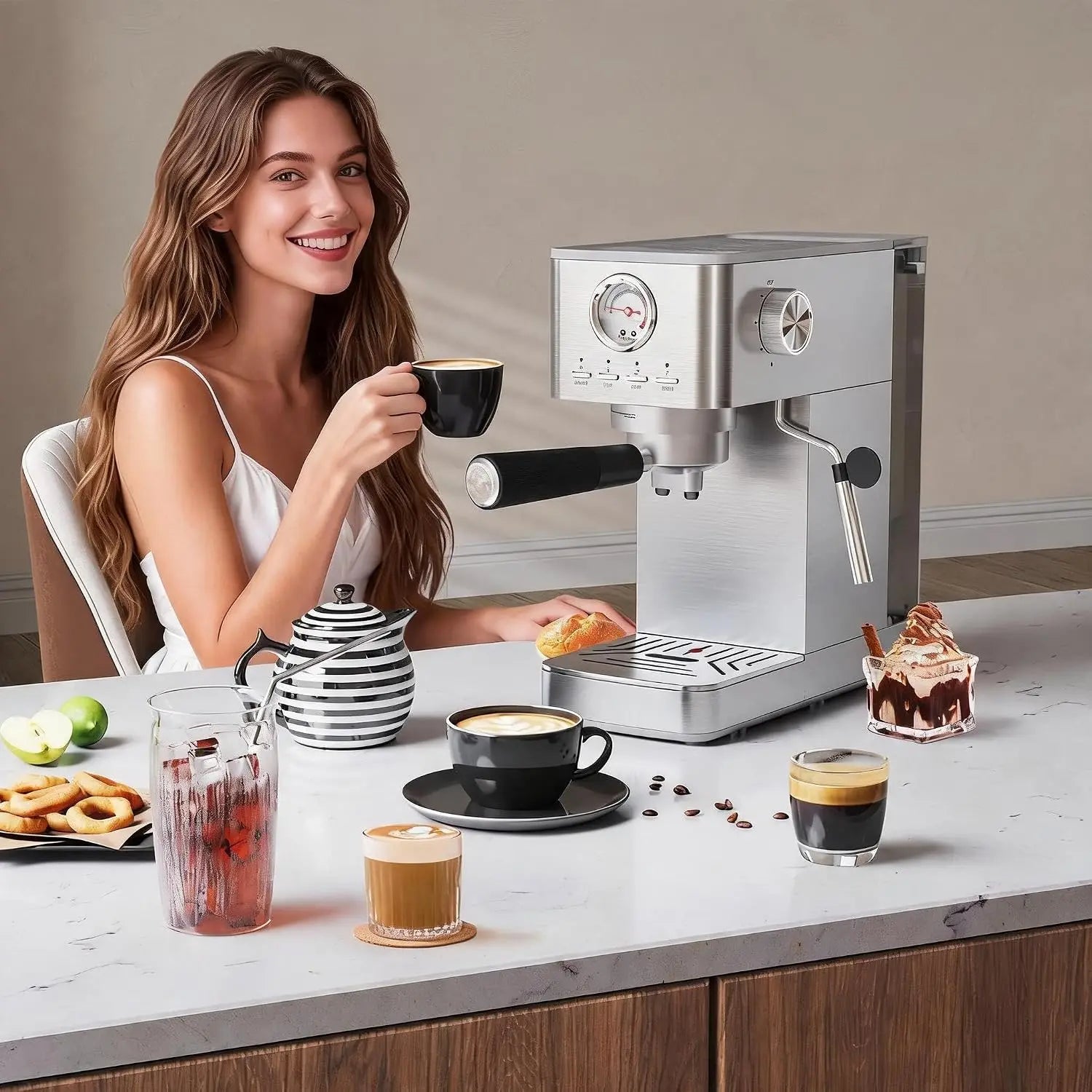 Express espresso machine, compact, 1300 W, semi-automatic, for 1-2 cups, removable water tank, milk frother, pressure...