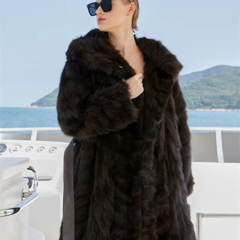 Noble Women's Black Sable Mink Fur Coat with Hood Woven Design