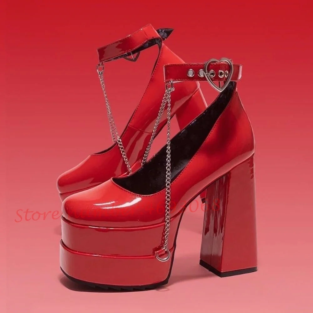 Heart Buckle Platform Chunky Heels Sandals Women Metal Chain Lovely Round Toe Girl's Shoes Luxury Party Summer Dress Sandals - Kimlud