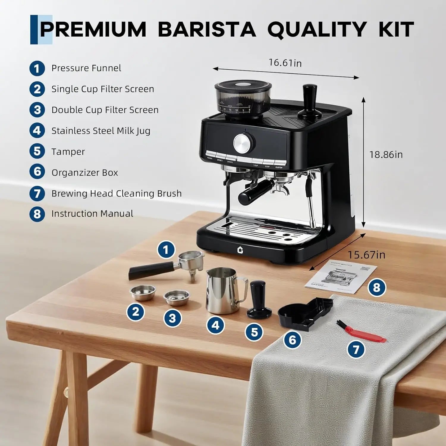 HiMISS 15 Bar Espresso Machine with Milk Frother and Grinder, 30 grind setting, Cappuccino & Espresso Coffee Maker |...