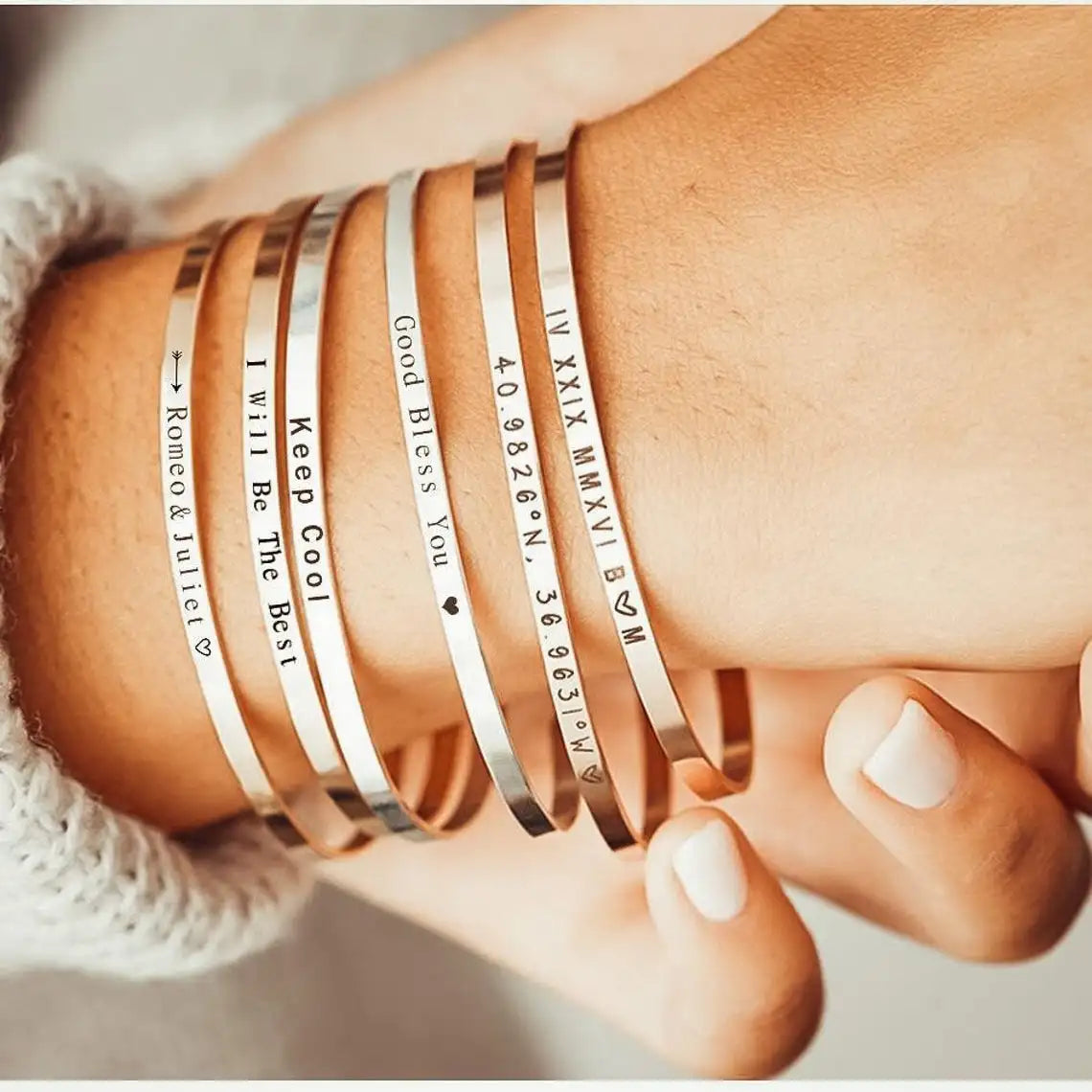 Customized Coordinate Engraved Name Text Heart Hole Cuff Bangle Personalized Bar Necklace Stainless Steel Bracelet Men...