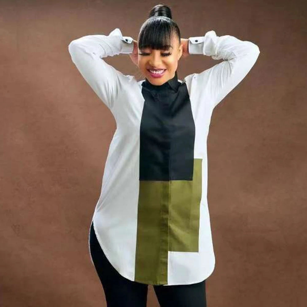 Women Fashion Patchwork Shirts Blouse Long Sleeve Turn-Down Collar Streetwear Fall Female Tops Blouses Shirts Spring Autumn