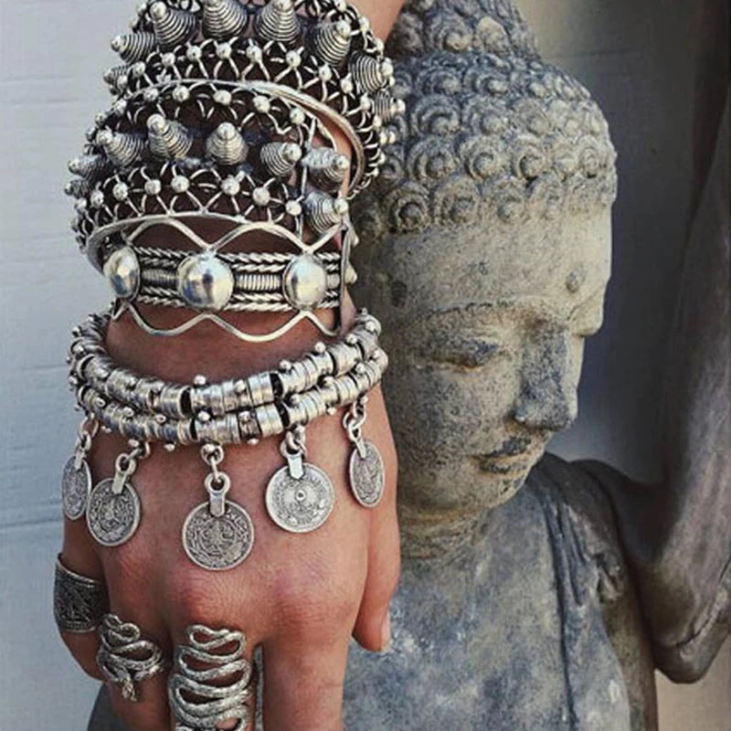 Vintage Ethnic Exaggerated Coin Pendant Bracelets For Women Boho Silver Color Carved Geometric Indian Bracelets Jhumka Jewelry - Kimlud