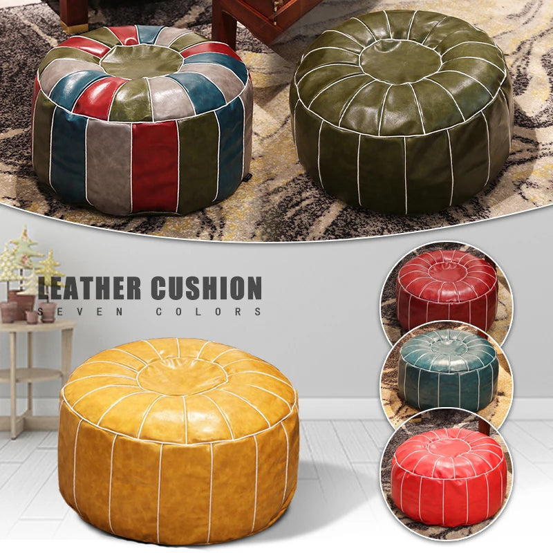 Moroccan Futon Oil Wax Faux Leather Seat Covers Mandala Embroidered Round Cushion Cover Living Room Decor Tatami Footstool Cover
