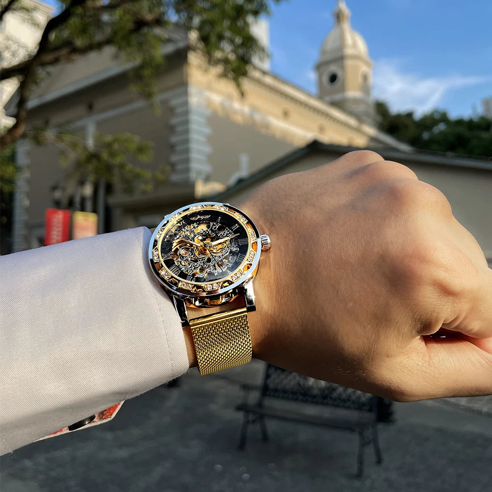 Winner Golden Watches Men Skeleton Mechanical Watch Crystal Mesh Slim Stainless Steel Band Top Brand Luxury Hand Wind Wristwatch