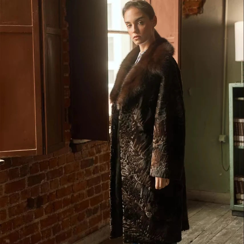 Brown Astrakhan Clothing Swakara Pels Karakul Fur Coat with Sable Collar Brown Sheep Skin Coat Leather Jackets for Ladies Winter