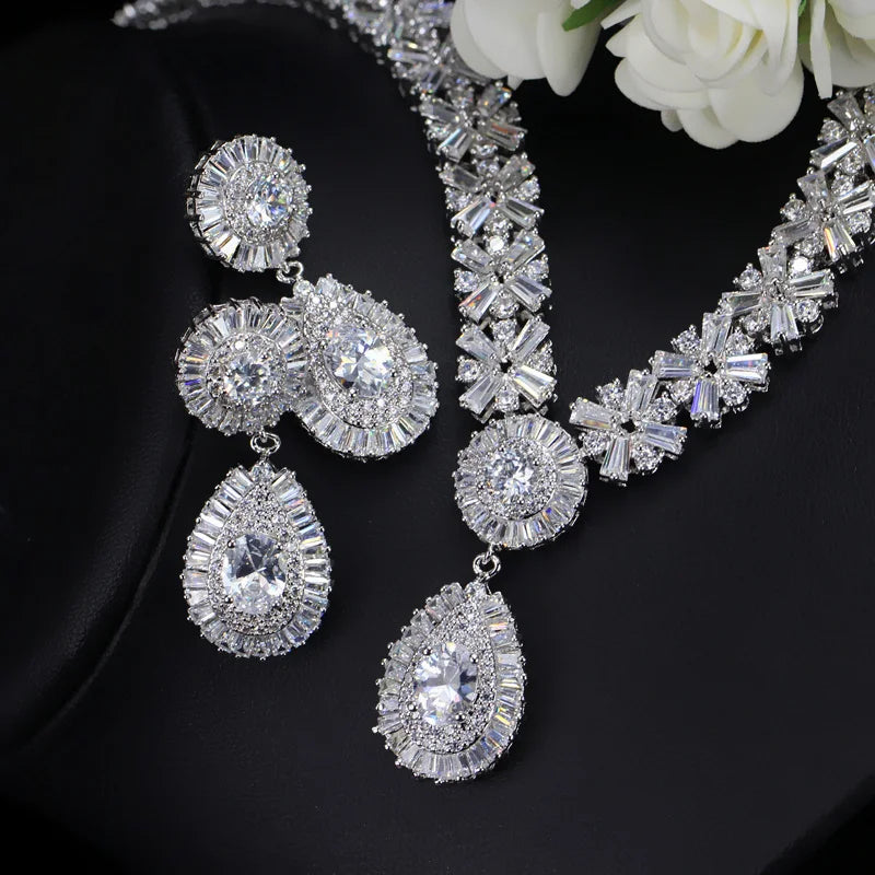 ThreeGraces Luxurious Blue Cubic Zirconia Stone Silver Color Large Bridal Wedding Earrings Necklace Jewelry Set for Women TZ775